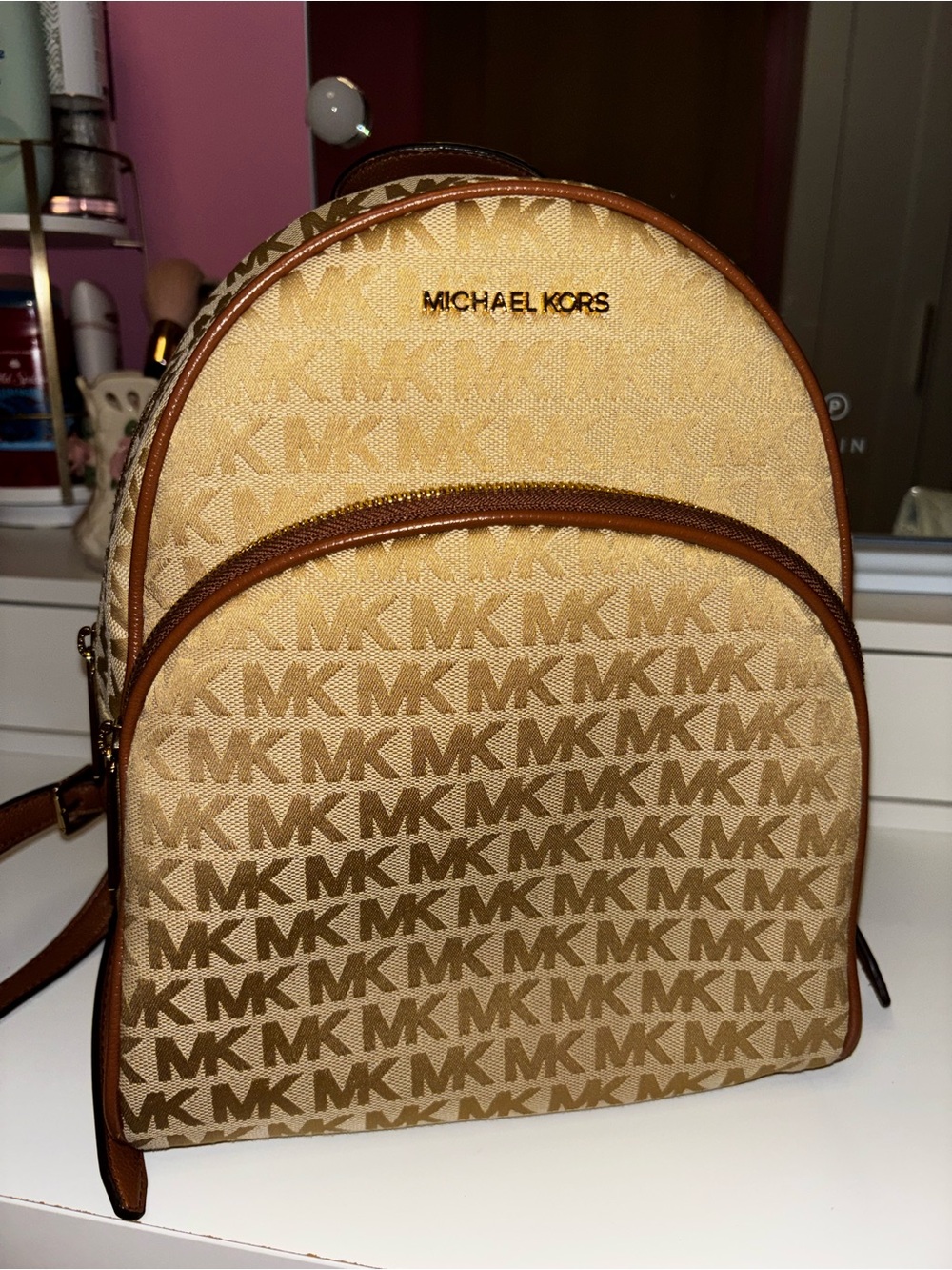 Michael Kors Beige & Tan Logo Backpack